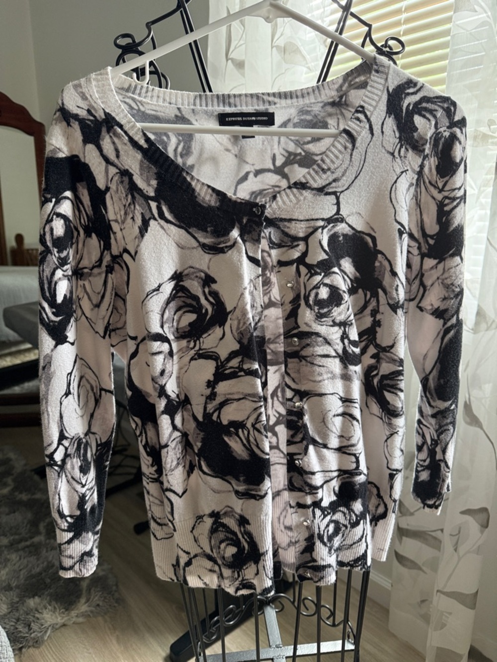 Black & White Floral Button-Front Women's Cardigan